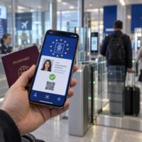 Cyfrowy paszport w telefonie przy kontroli granicznej