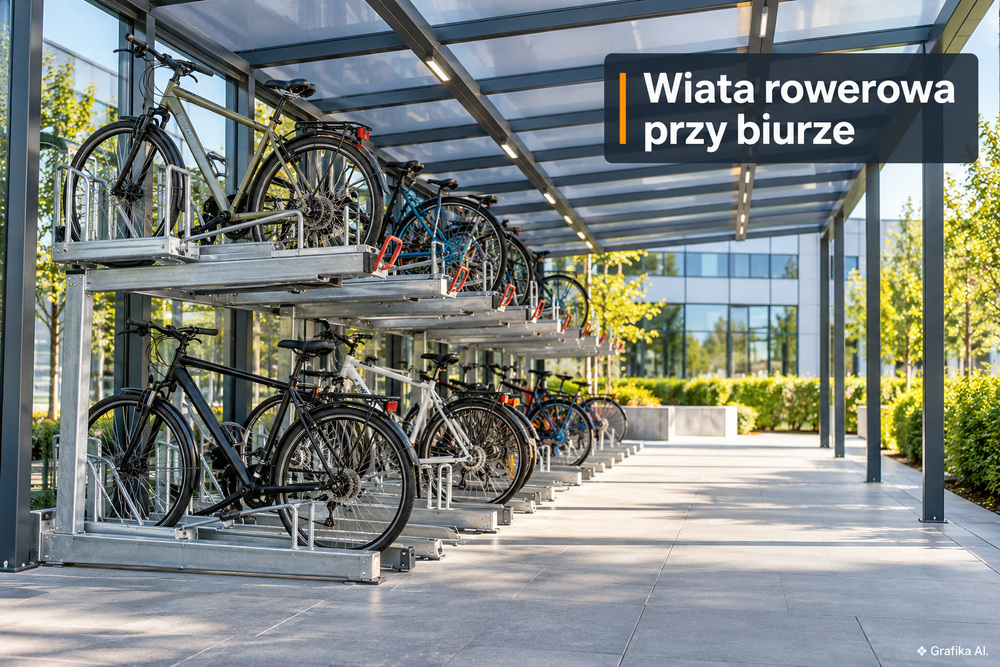 Zadaszona wiata przy biurze z rowerami na dwupoziomowych stojakach i szeroką alejką